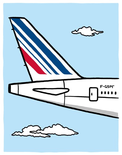 Illustration of an Air France aircraft tail fin with distinctive blue and red stripes against a light blue sky with clouds.