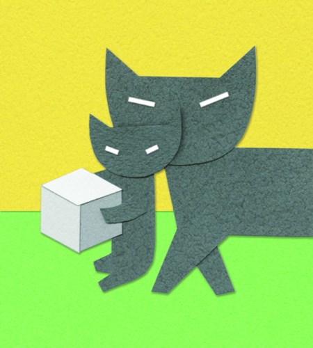 Two stylized green cats carrying a white box in paper cutout illustration style