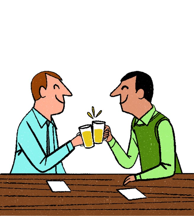Two men toasting with beer glasses at a wooden bar counter.