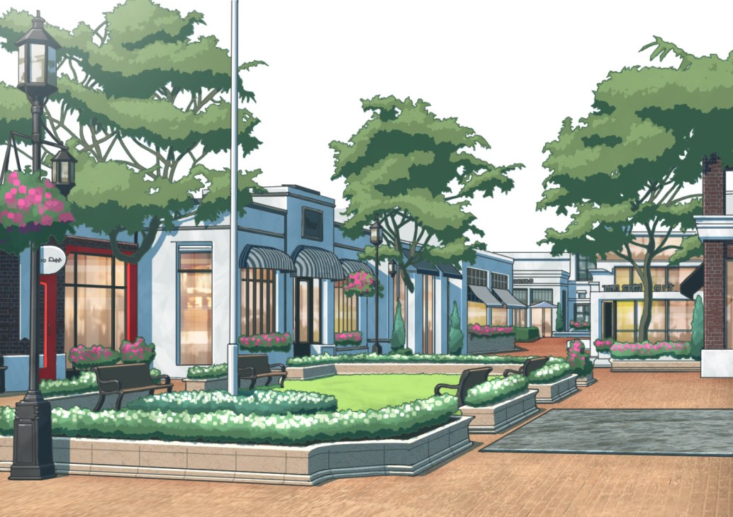 Illustration of Palisades Village shopping precinct in Los Angeles with storefronts, landscaping and pedestrian plaza.