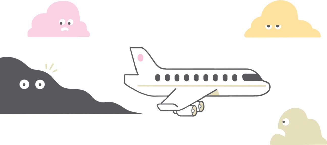 Illustration of a commercial airplane with anthropomorphic clouds expressing different emotions.