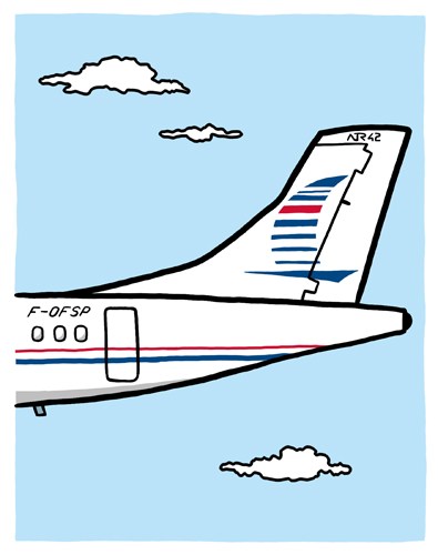 Illustration of an Air Saint-Pierre regional aircraft with French flag livery in flight.