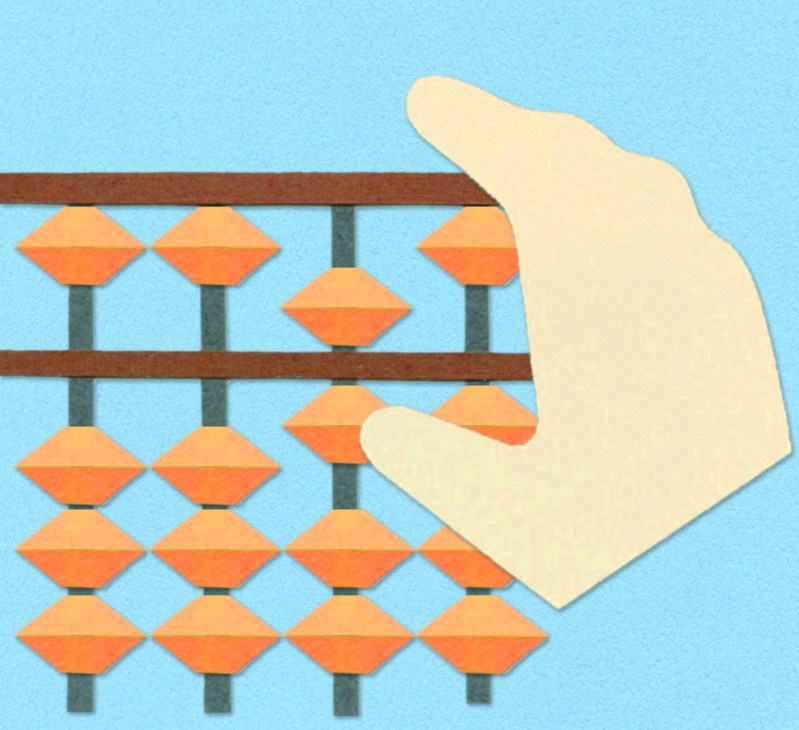 Illustration of a hand selecting an orange geometric bead from a wooden frame structure against a blue background, representing the concept of niche selection.