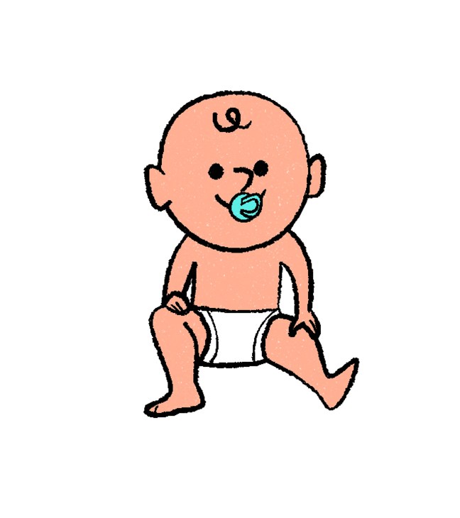 Illustration of a smiling baby in a diaper with a pacifier.