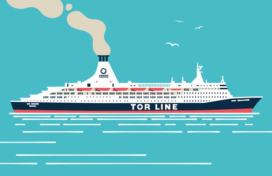 Illustration of the Tor Line cruise ship with white and red hull on turquoise water