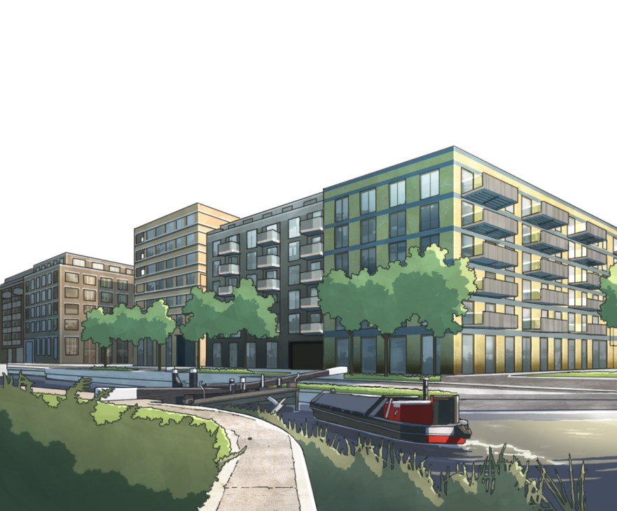Architectural rendering of Fish Island Village in London showing mixed-use residential and commercial buildings with ground-level retail and canal-side landscaping.