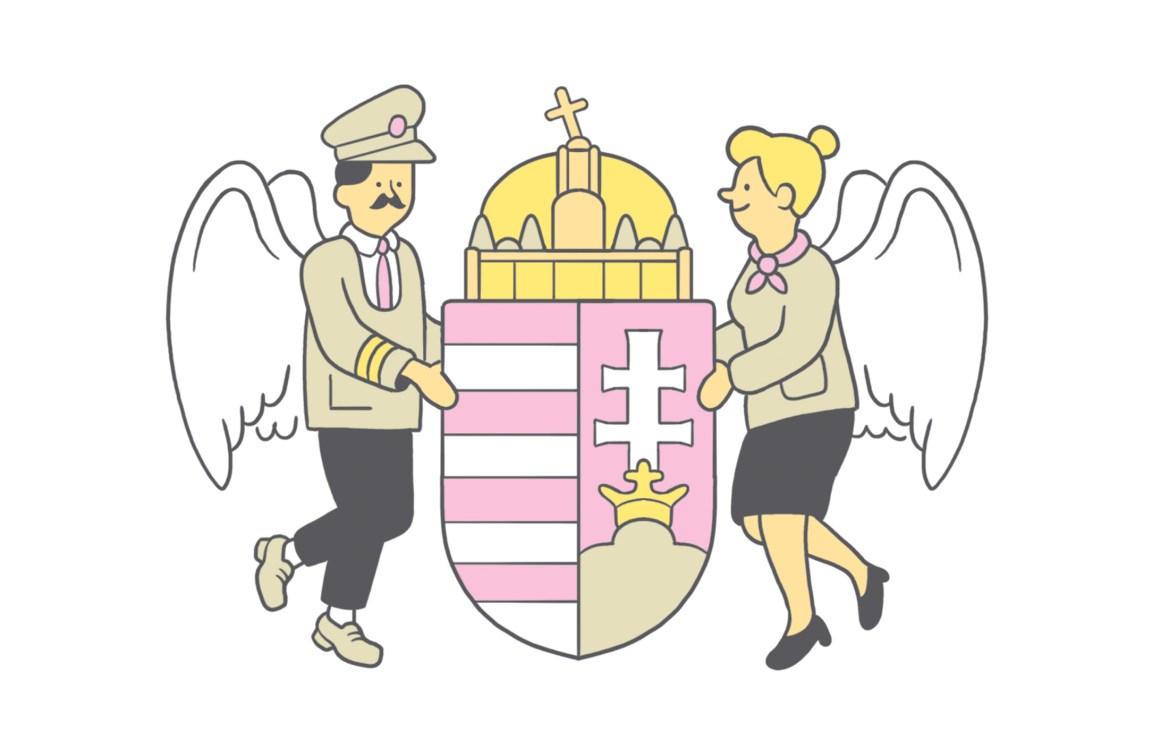 Illustration of two winged figures in military and civilian dress holding a Hungarian coat of arms with striped shield and cross.