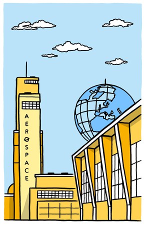 Illustration of yellow airport building with globe and clouds representing Aerospace Valley cluster.