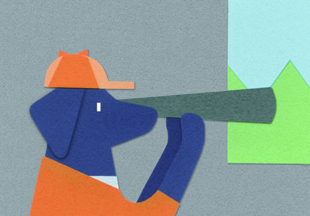 Geometric illustration of person in orange hat and blue jacket holding green binoculars