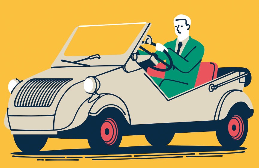 Illustration of a man in a green jacket driving a small vintage Biscúter compact car against a yellow background.
