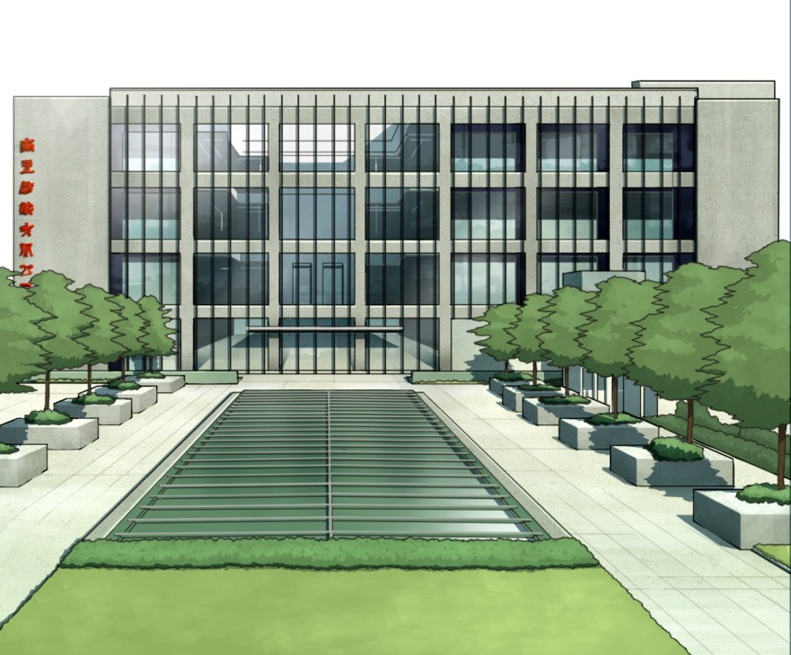 Architectural rendering of The Mills in Hong Kong, showing restored textile mill facade with modern atrium and landscaped courtyard.