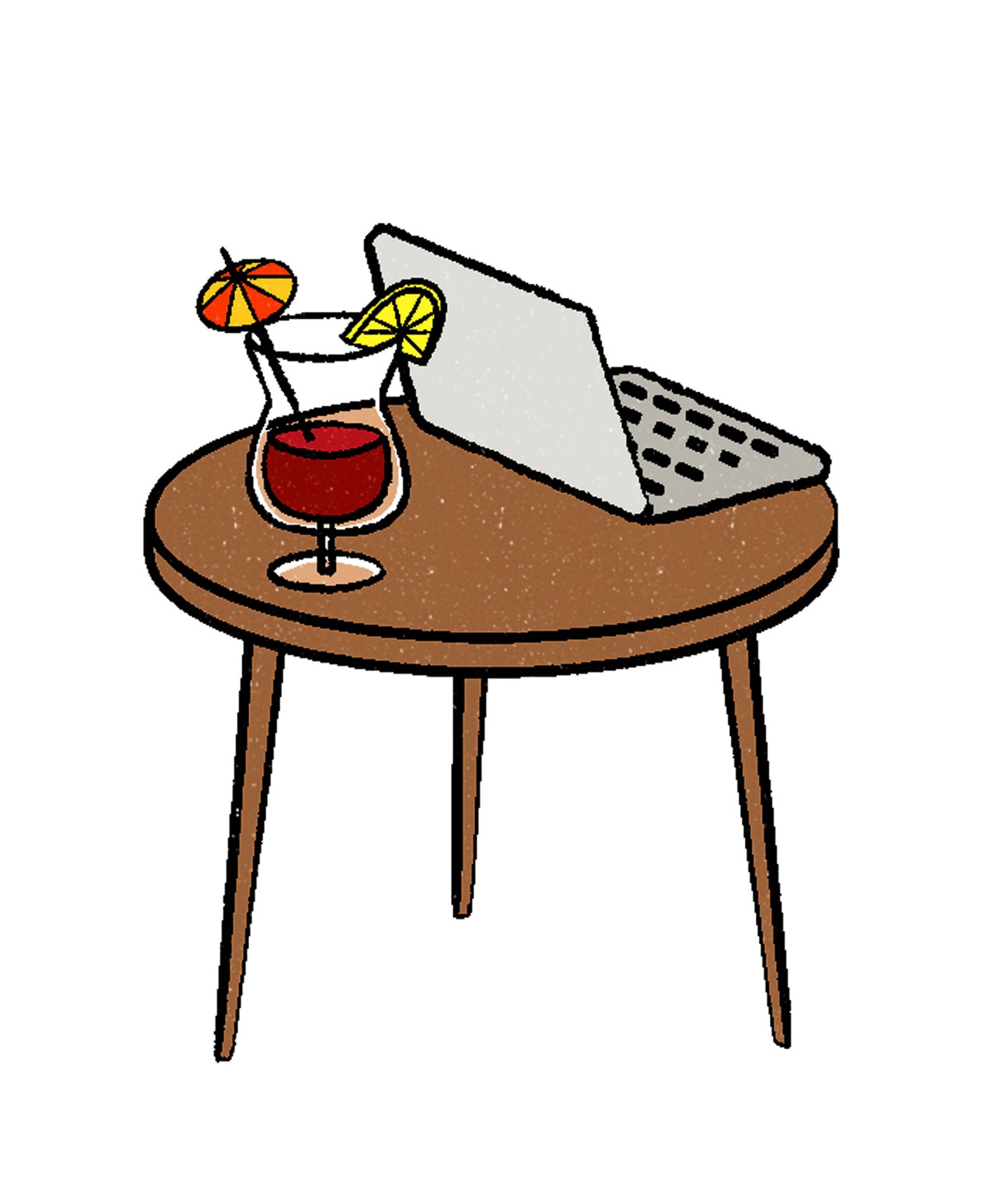 Illustration of a round wooden table with a cocktail, umbrella, and laptop representing workplace leisure.