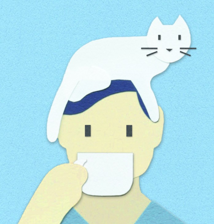 Paper cutout illustration of white cat sitting on person's head with blue hair holding white paper