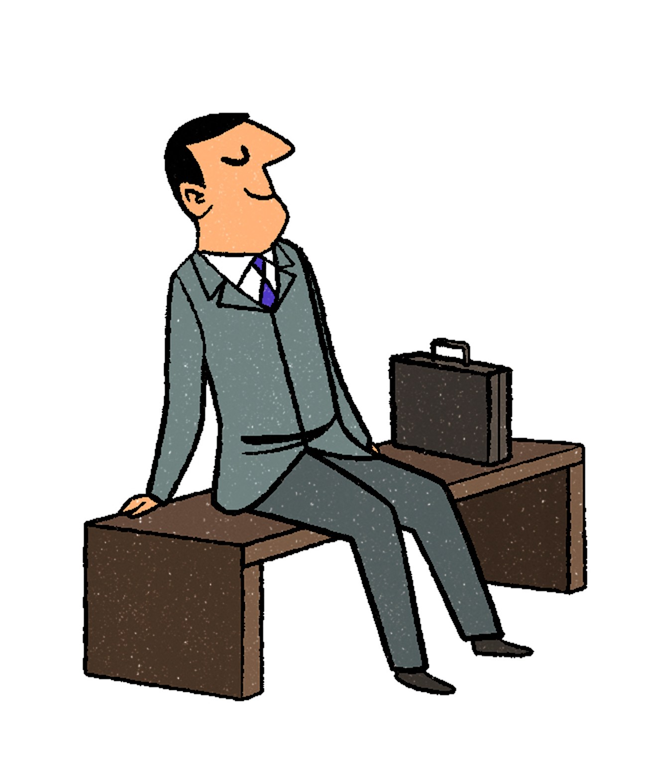Illustration of a businessman in a gray suit sitting on a wooden bench with a briefcase beside him.