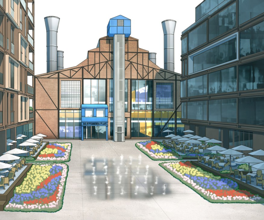 Architectural rendering of Îlot Fertile in Paris showing a converted industrial building with brick façade, blue roof elements, and colorful flower beds.