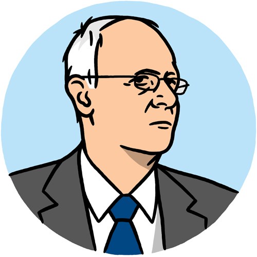 Illustration of Jean-Yves Le Gall, President of CNES, wearing glasses and a dark suit with blue tie.