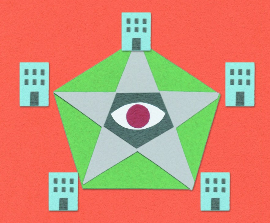 Geometric illustration with star, eye, and buildings representing surveillance and urban monitoring systems