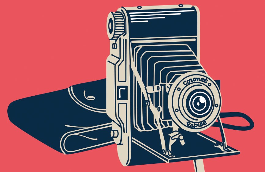 Illustration of a vintage Coronet camera with bellows and leather carrying case on coral background.
