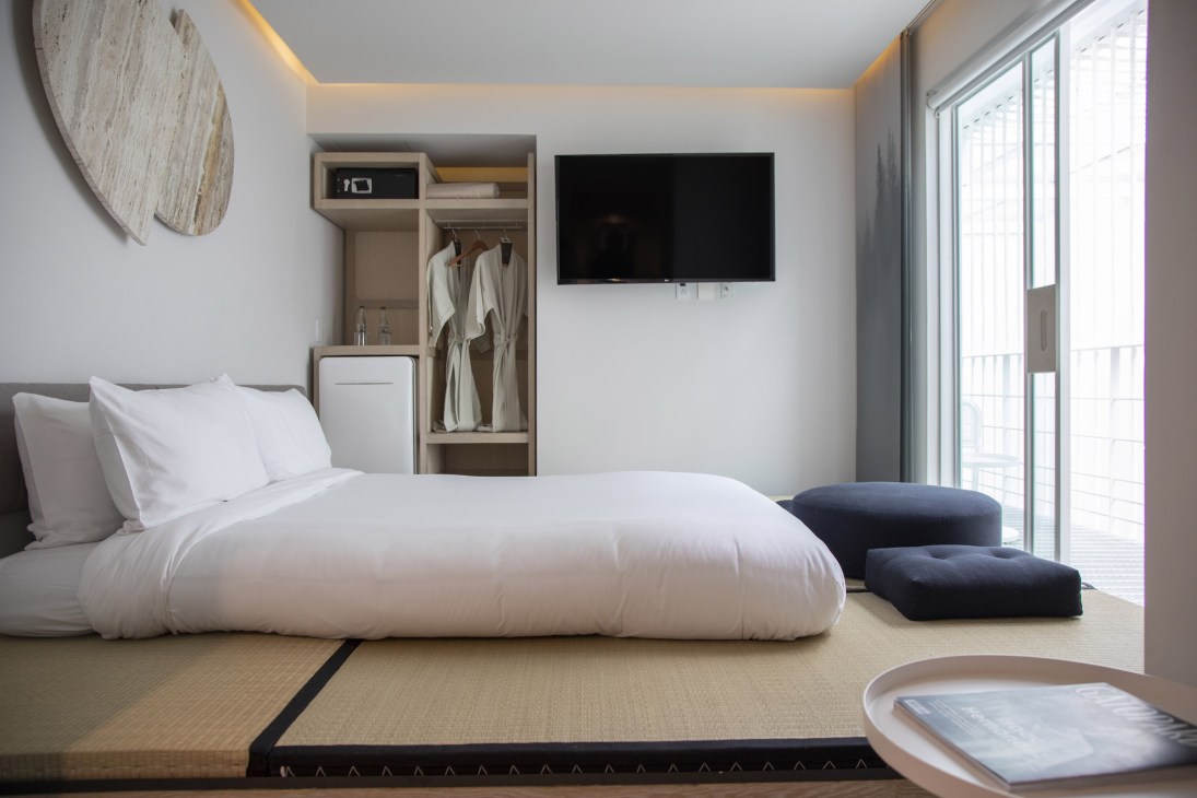 Interior view of Ryo Kan hotel showing minimalist Japanese design with Mexican materials