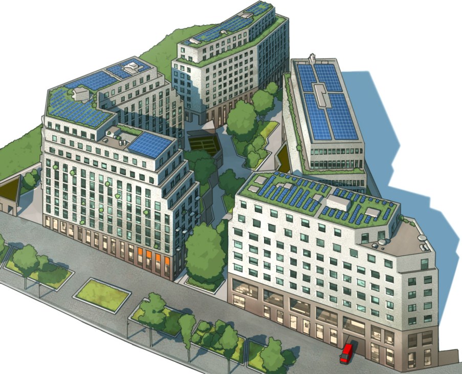Illustrated aerial view of Îlot Fertile Paris development showing residential buildings with green roofs, solar panels, and landscaped gardens.
