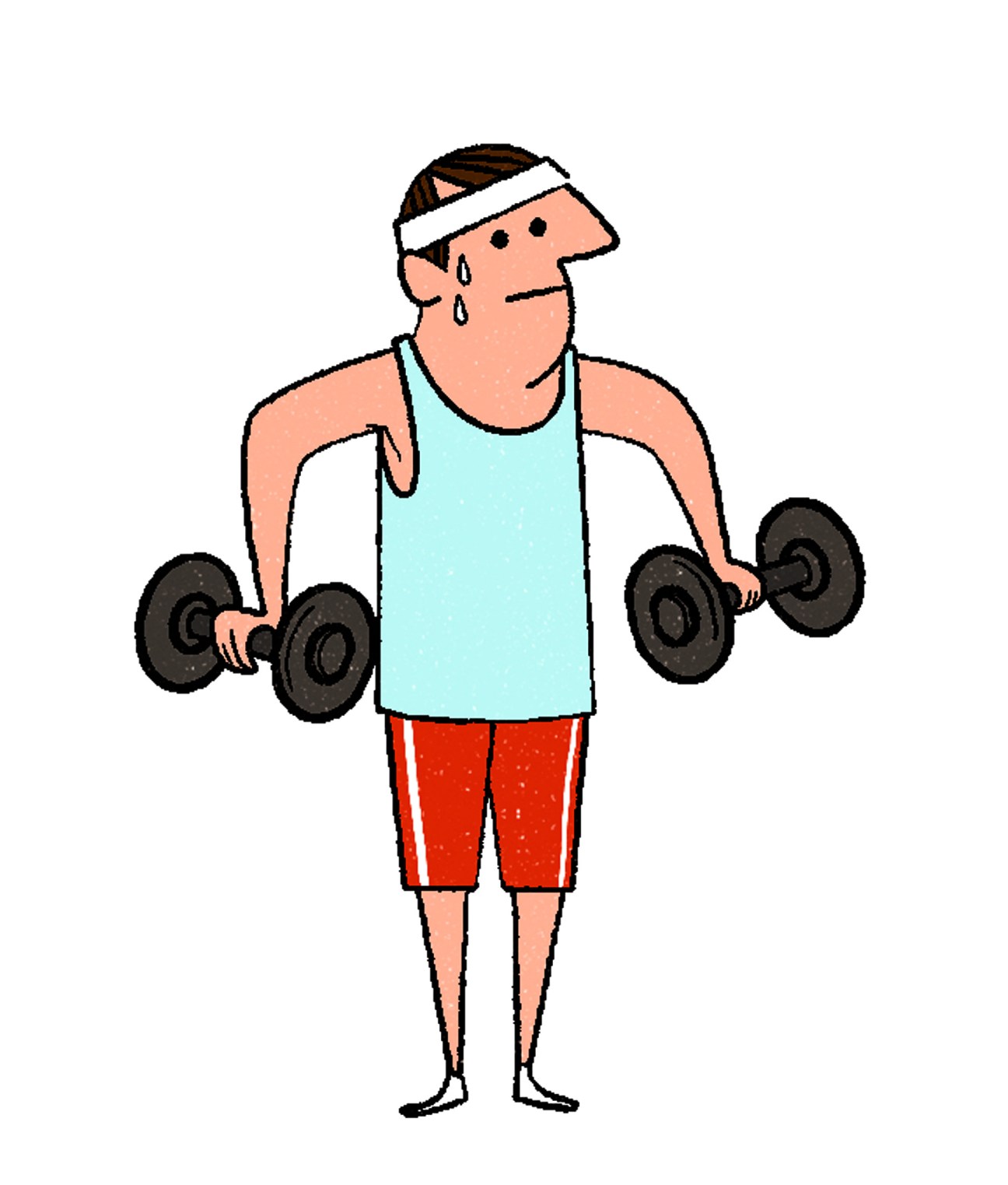 Cartoon illustration of a man exercising with dumbbells, wearing a white headband and sweating.
