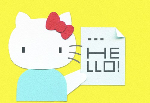 Hello Kitty telegram with decorative red bow on paper document