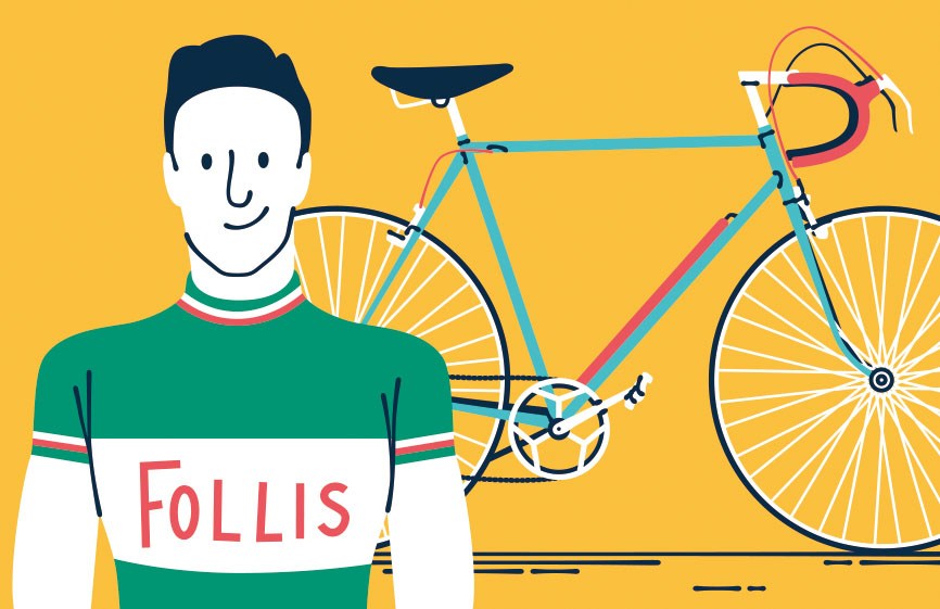 Illustration of cyclist in green and white Follis jersey standing next to a blue racing bicycle against a yellow background.