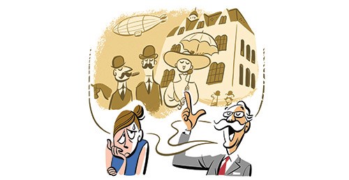 Illustration of hotel guests and staff interacting in a lobby with historic architecture in background