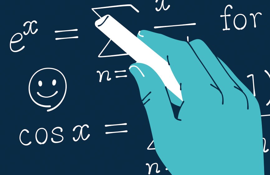 Hand holding white chalk writing mathematical equations on a dark blue chalkboard.