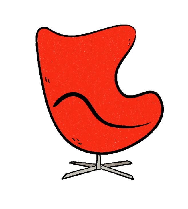 Illustration of a red modern chair with curved seat and metal base.
