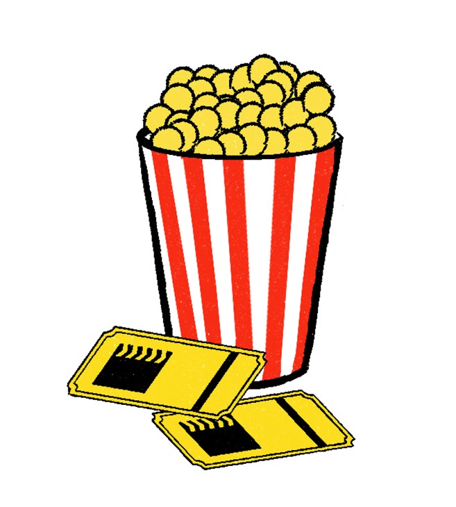 Illustration of a striped popcorn container with two yellow movie tickets.