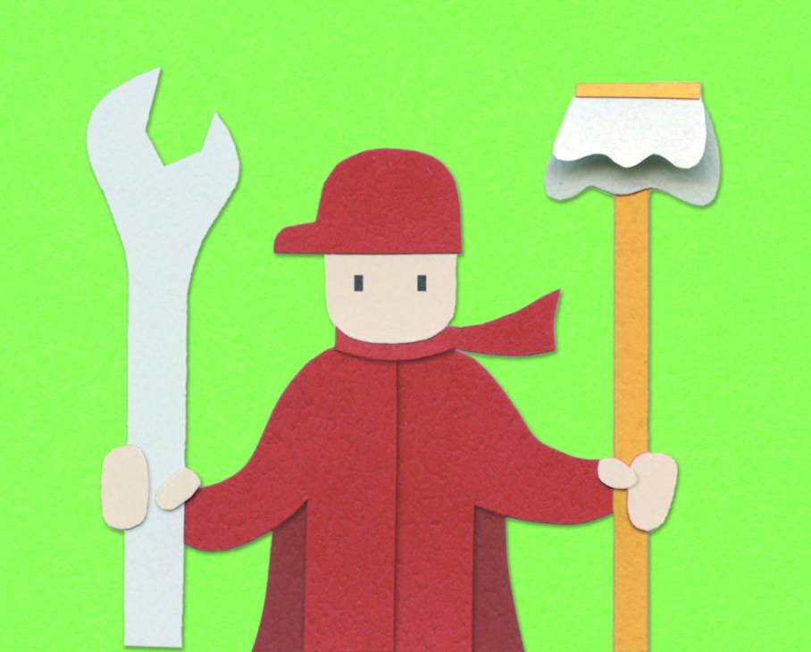 Paper cutout figure in red clothing holding a sword and hammer on green background