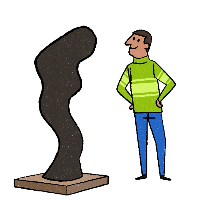 Illustration of a man in a green and lime striped sweater standing next to an abstract dark sculptural form.