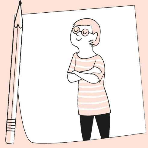 Line drawing illustration of a person wearing glasses and striped shirt with arms crossed