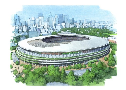 Aerial view of Kengo Kuma's New National Stadium showing its distinctive wooden lattice roof structure