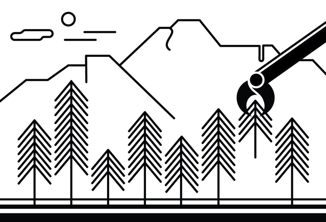 Illustration of a saw harvesting timber from a forest of coniferous trees in a mountainous landscape.