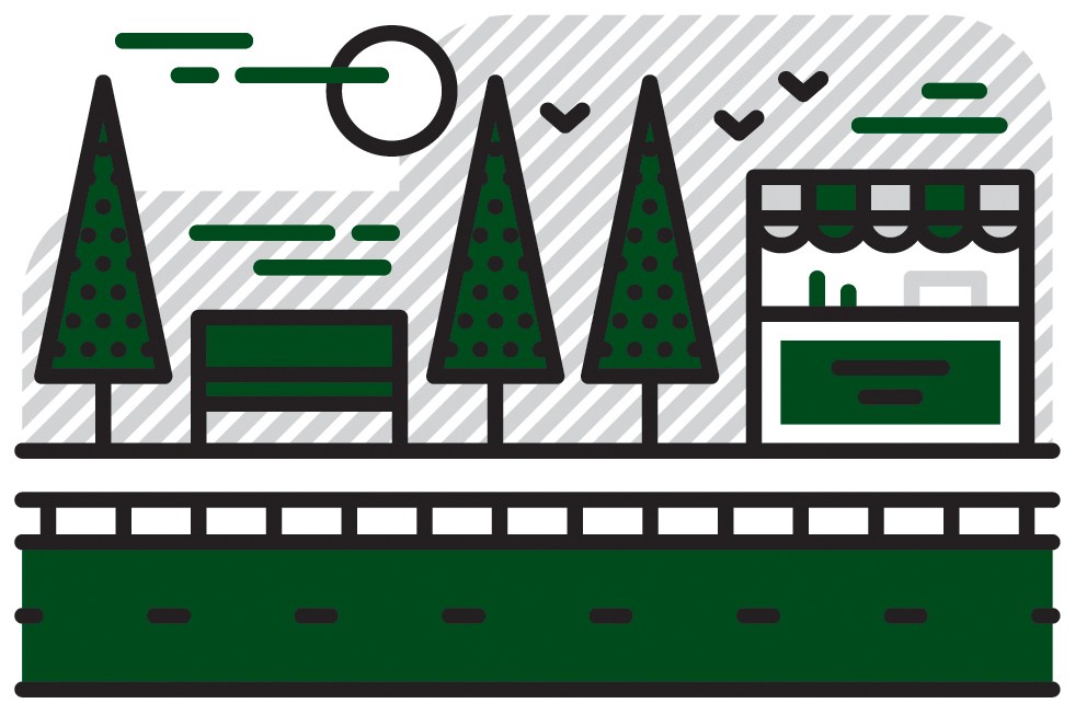 Illustration of a narrow laneway with trees, benches, a storefront and street-level retail opportunities.