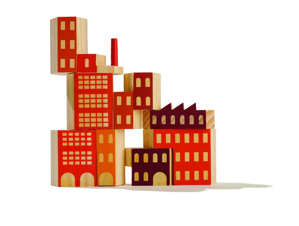 Colourful New Zealand pine building blocks creating cityscape design by Areaware