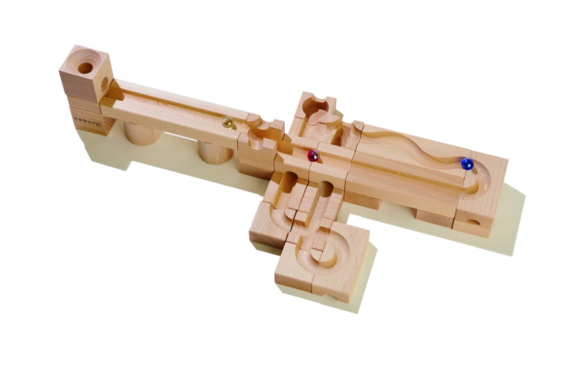 Cuboro marble run wooden construction system with tracks and blocks