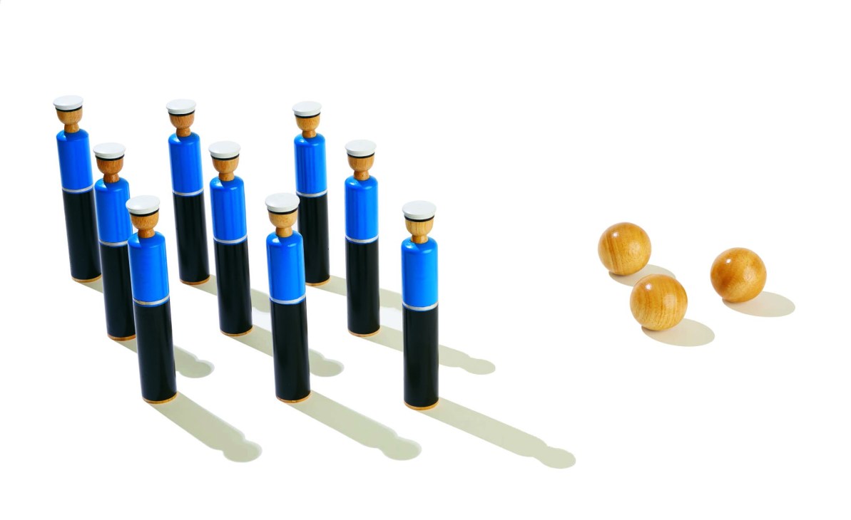 Wooden skittles game with sailor-shaped pins and wooden balls by Jaques