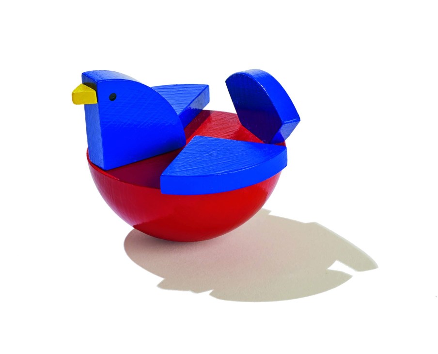 Czech-designed wooden bird toy that rocks on a red spherical base by Kutulu