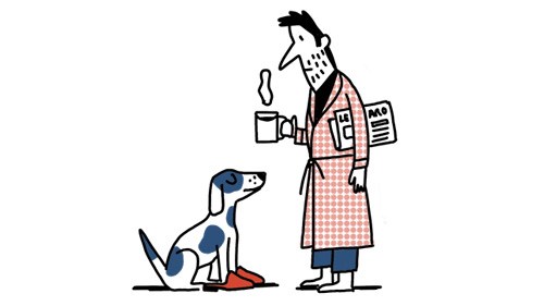Illustration of a man in a trench coat holding a coffee cup and newspaper, with a spotted dog sitting at his feet.