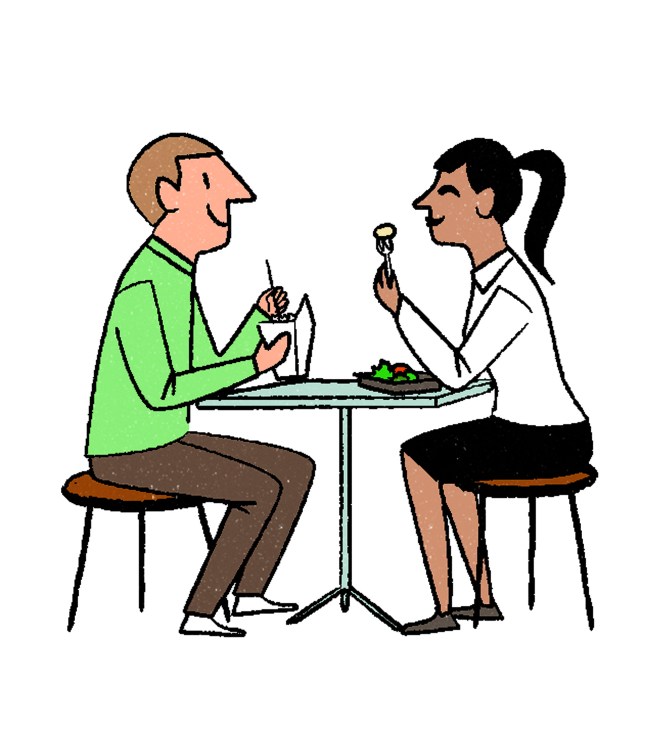 Illustration of two office workers dining together at a small table with food and drinks.