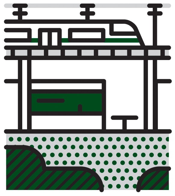 Illustration of a train on elevated tracks above ground-level retail spaces and green areas.