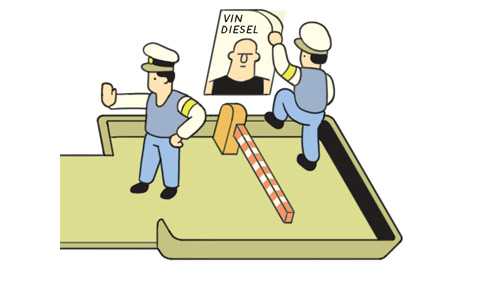 Illustration of two workers dismantling a diesel engine labeled 'VIN DIESEL'