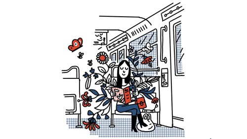 Illustration of a woman surrounded by French cultural and consumer items in a home setting.