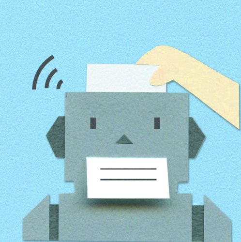 Stylized illustration of a robot with a hand inserting paper, with signal waves indicating communication