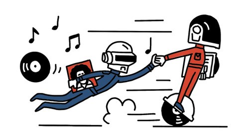 Illustration of two robots dancing with musical notes and a vinyl record on a blue background.
