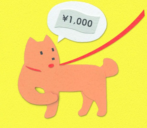 Cartoon illustration of orange dog with speech bubble showing ¥1,000 price tag