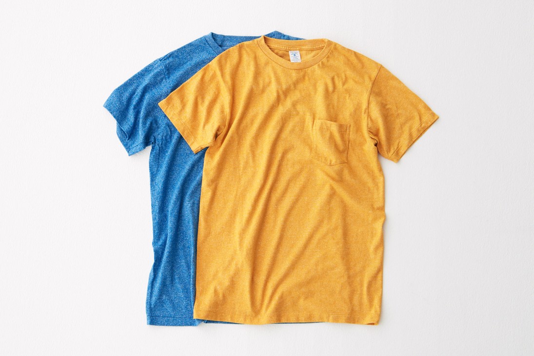 Two pocket T-shirts in blue and yellow displayed flat against a white background.